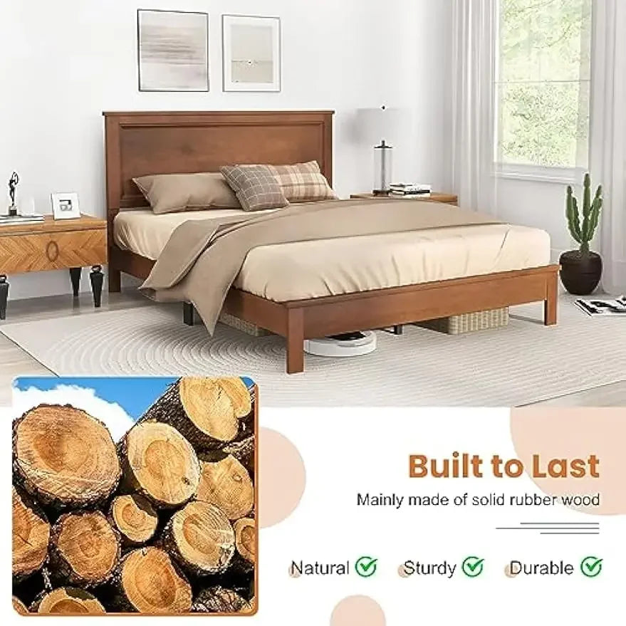 Wood Queen Platform Bed Frame with Headboard Walnut
