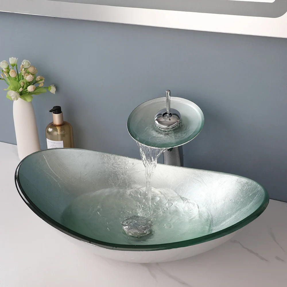 Tempered Glass Washbasin with Waterfall Faucet Mixer