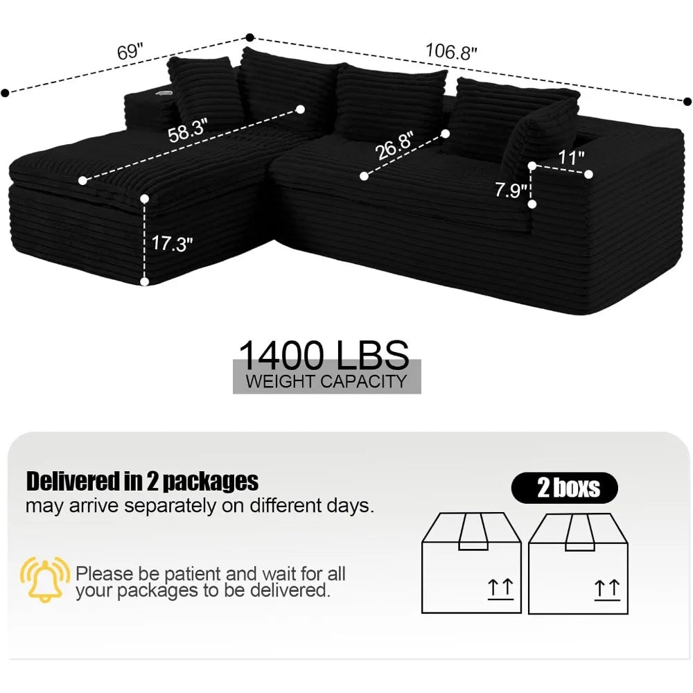 107'' Cloud Modular Sectional Sof,w/Chaise & Cup Holder
