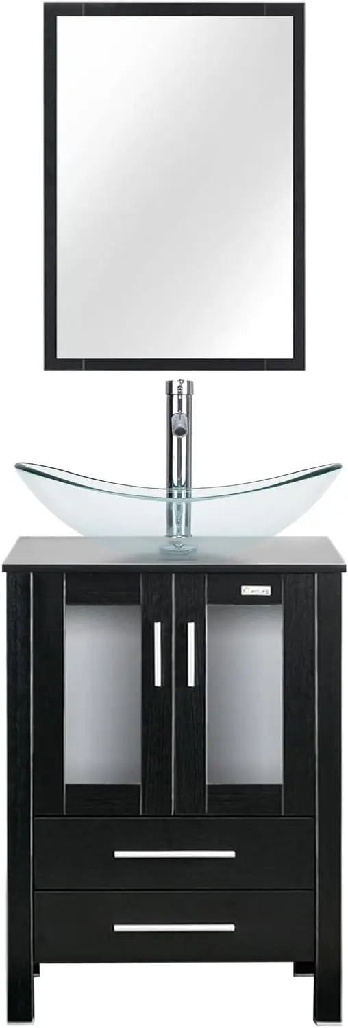 Vanity Sink Combo Black Stand Cabinet with Blue Boat Tempered Glass Vessel Sink w/Faucet