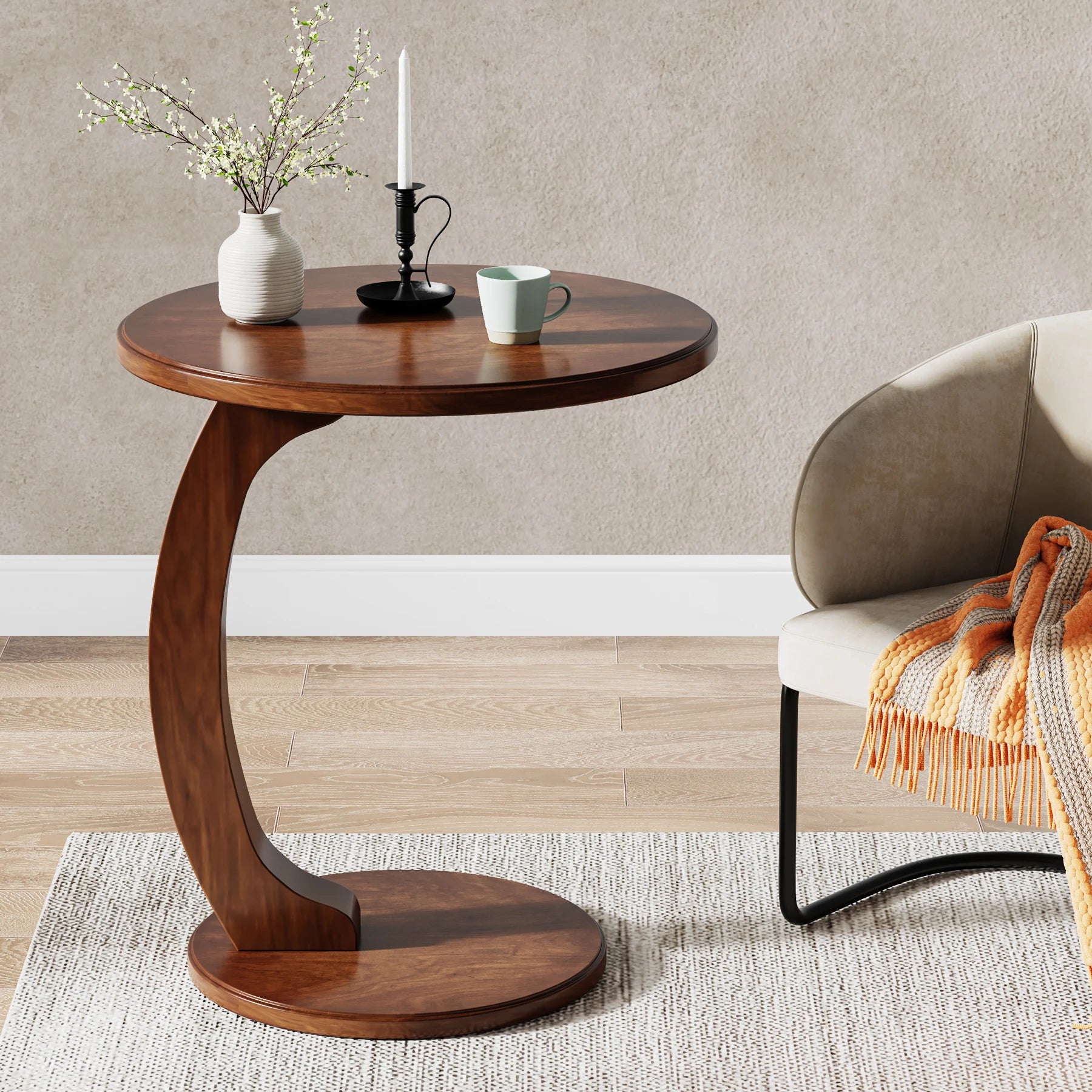 Round End Table, Wood C-Shaped Side Table