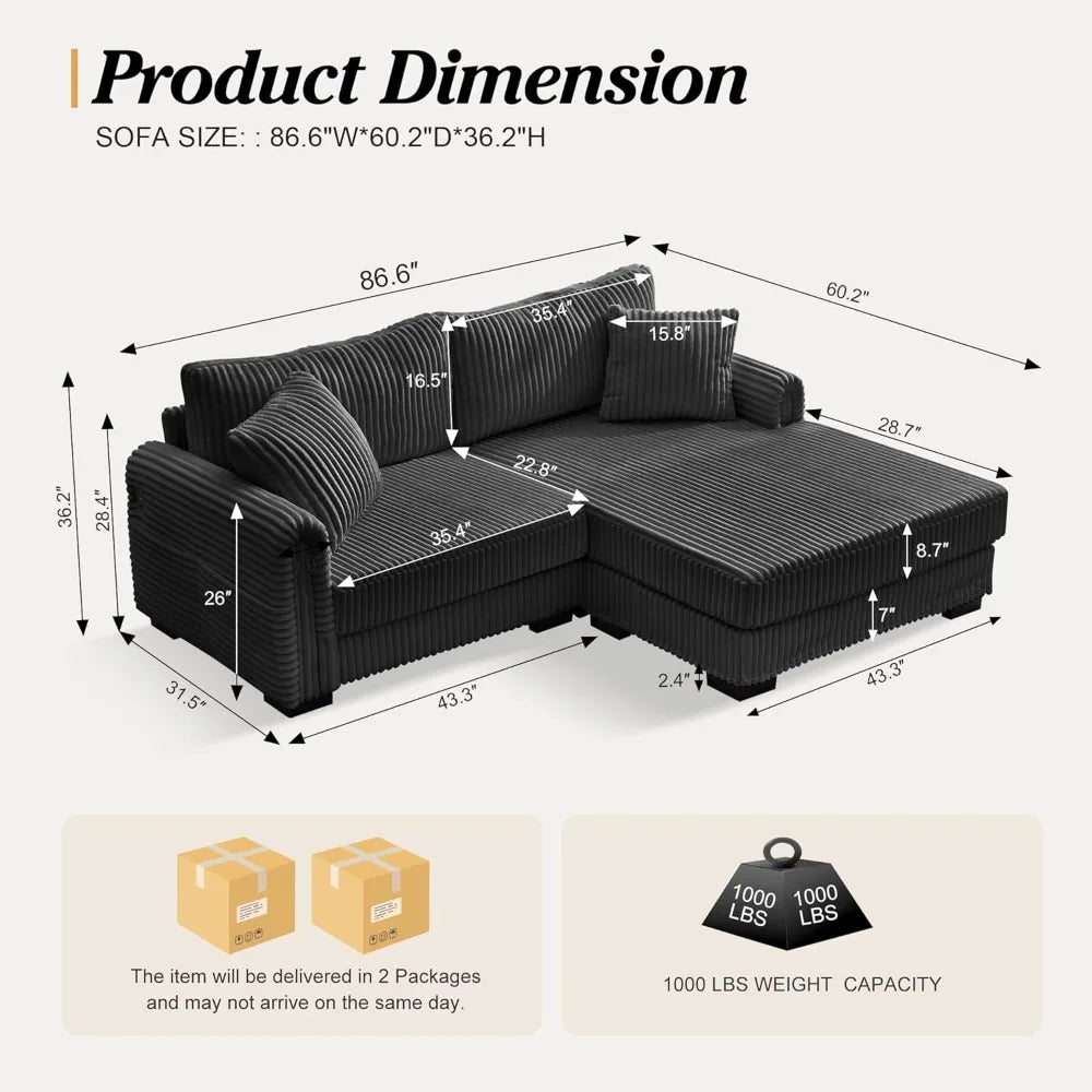 L-Shaped Couch with Convertible Chaise w/USB Charging Port, Side Pocket