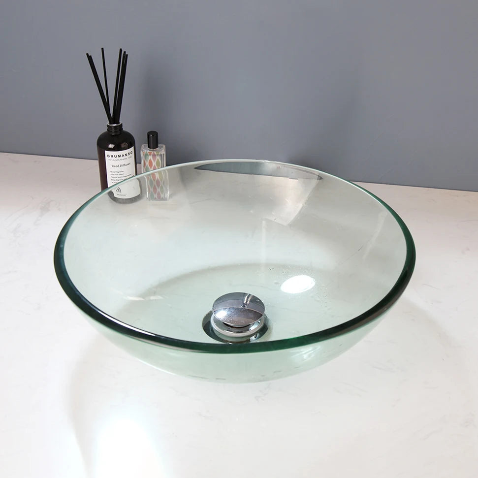 Round Tempered Clear Green Glass Vessel Bathroom Sink