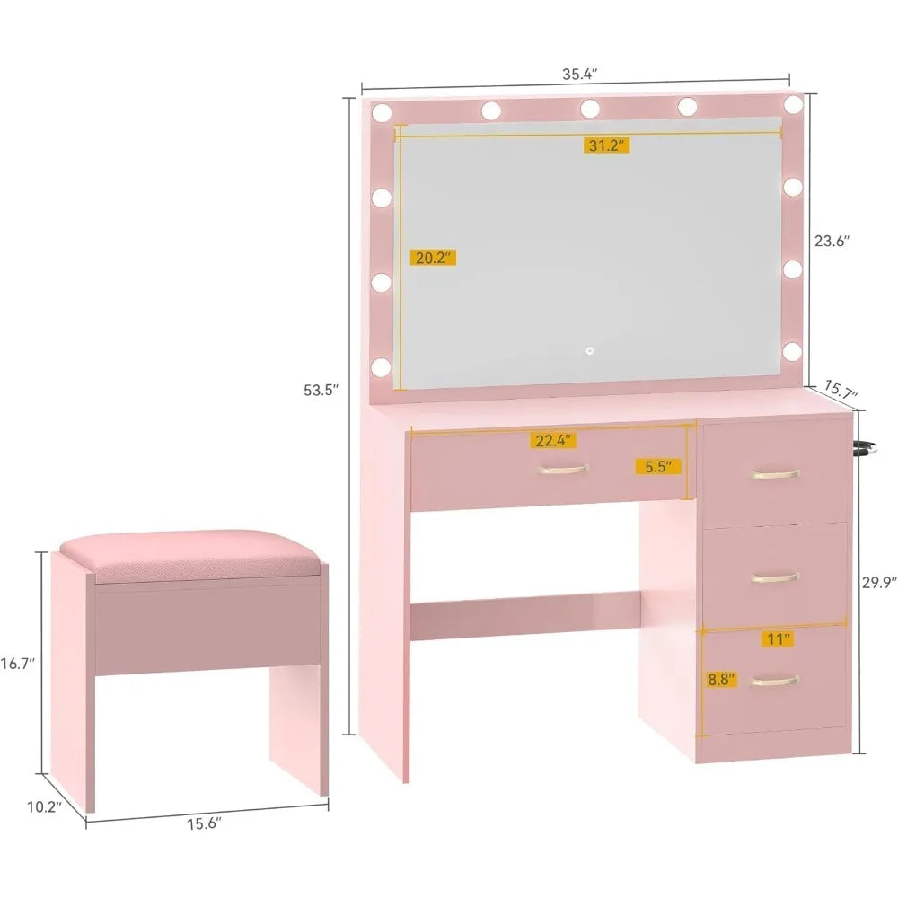 Large Makeup Vanity Desk with Mirror, LED Lights, Power Outlet, 4 Drawers, and Cushioned Stool