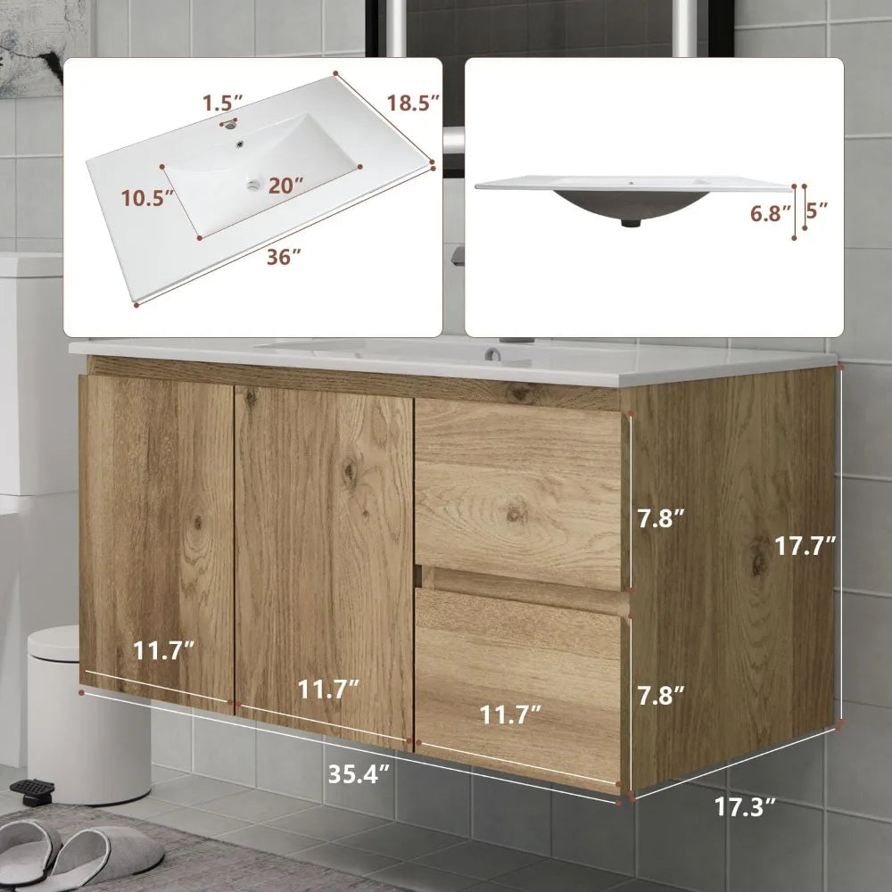Wall-Mounted Bathroom Vanity with Sink (2 Soft-Close Drawers and Doors)