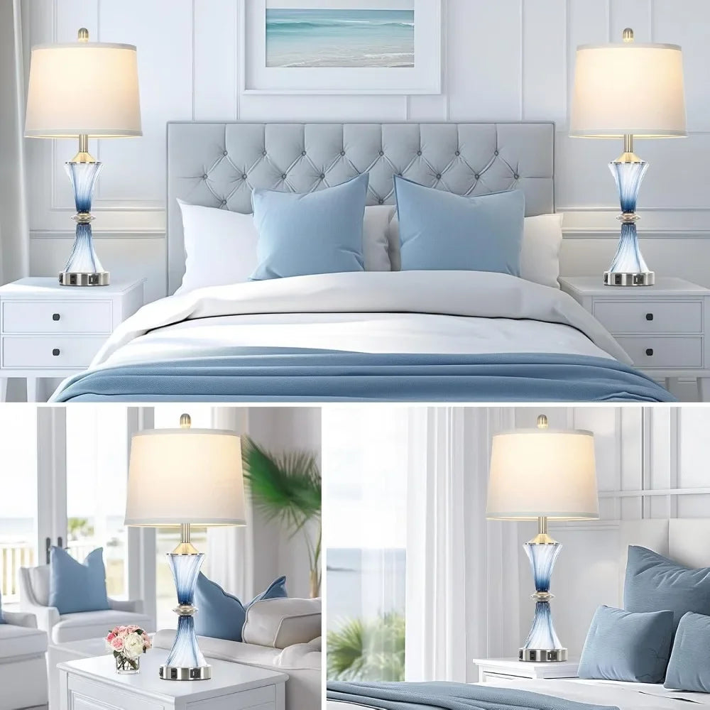 Blue Glass Table Lamp (Set Of 2) W/USB C+A Ports