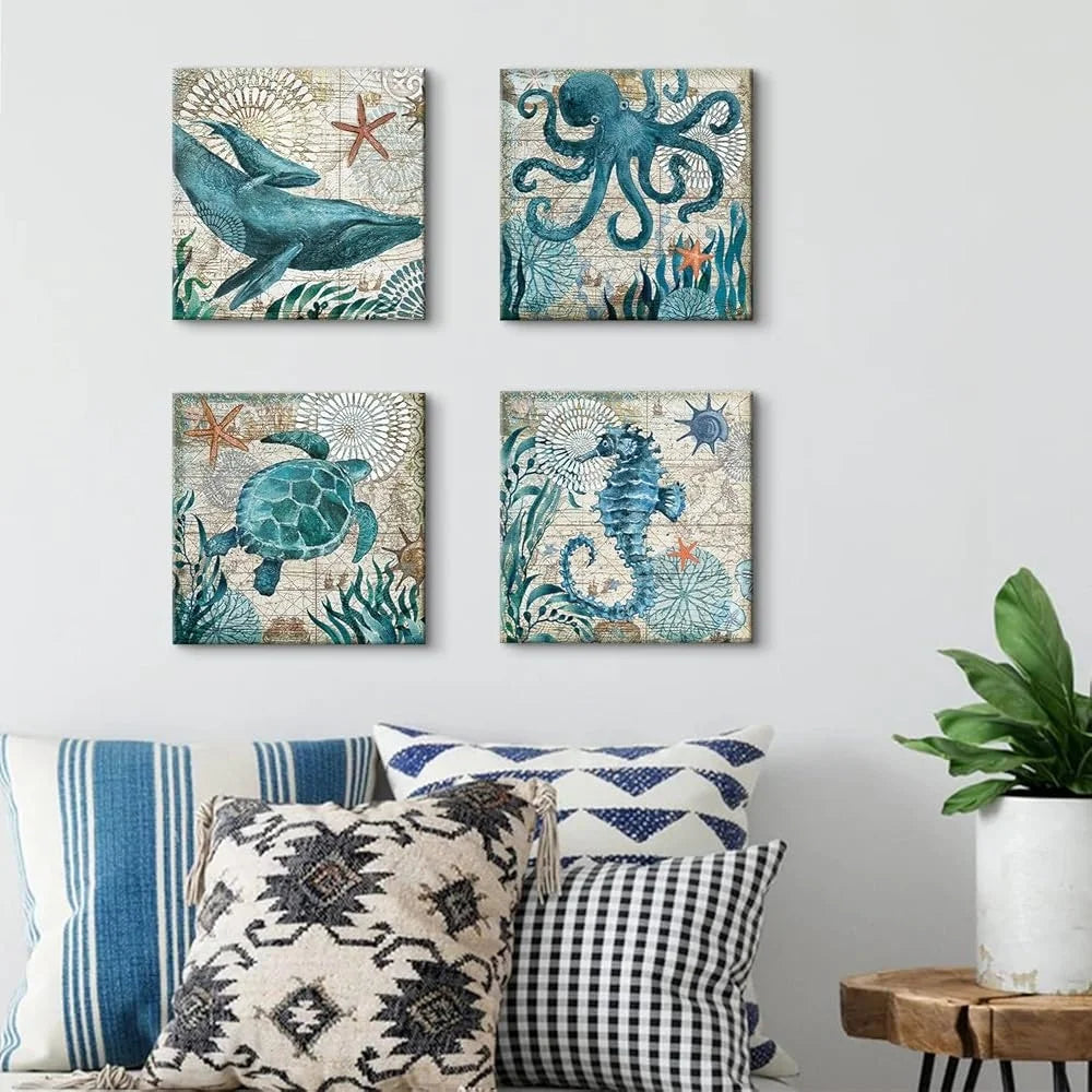 Ocean Sea Turtle Octopus Whale Canvas Wall Art