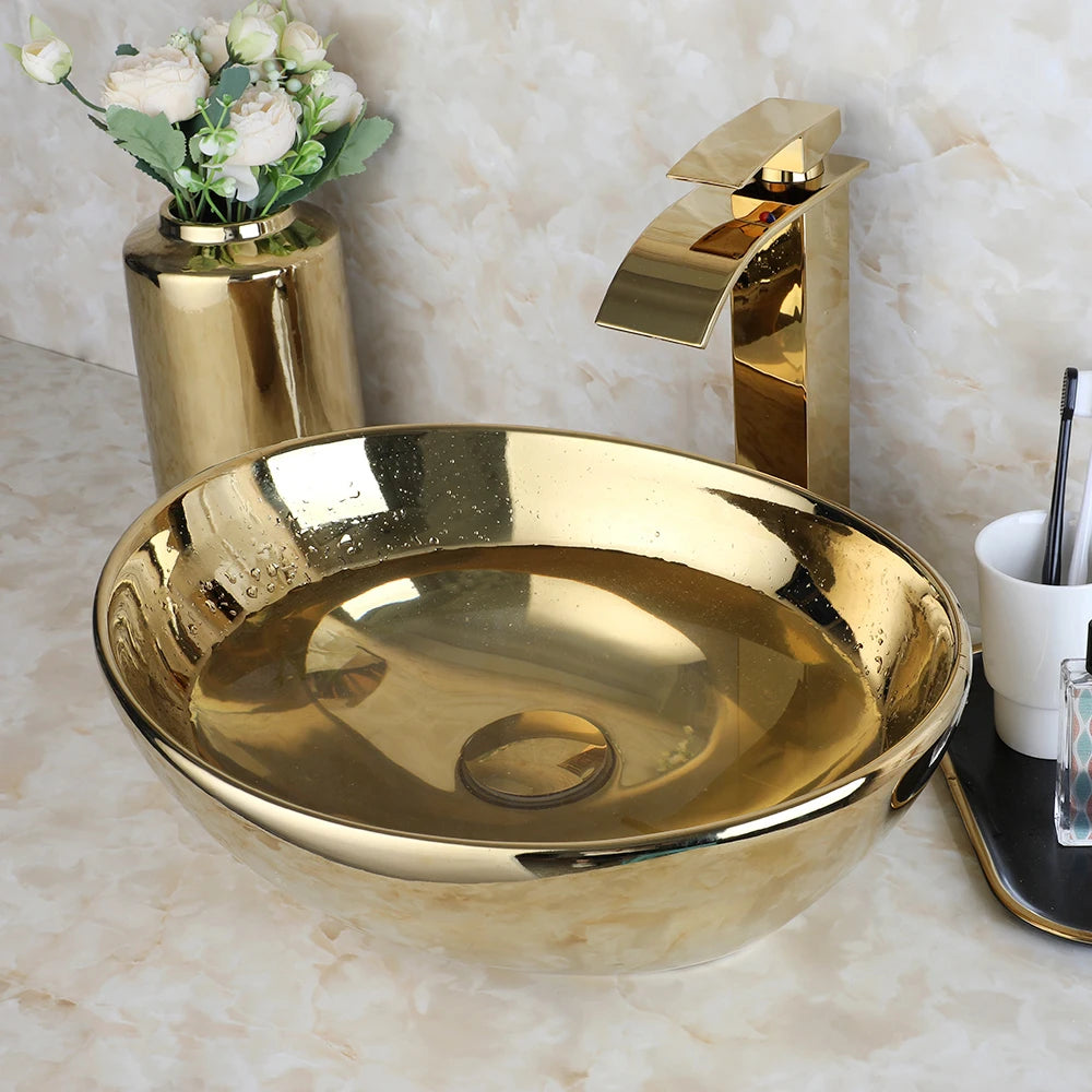 Gold Bathroom Ceramic Sink Bowl With Faucet