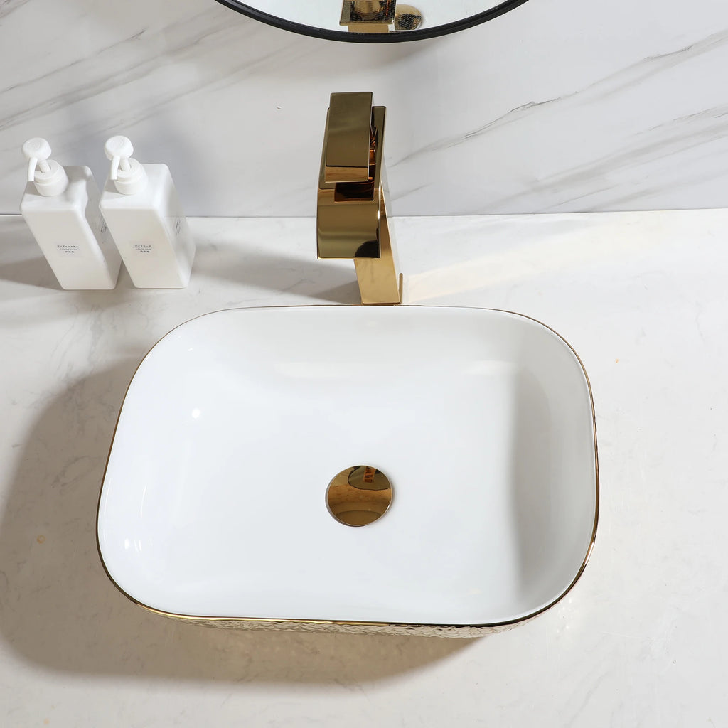 Gold&White Ceramic Vessel Sink Above Counter with Faucet and Drain Combo