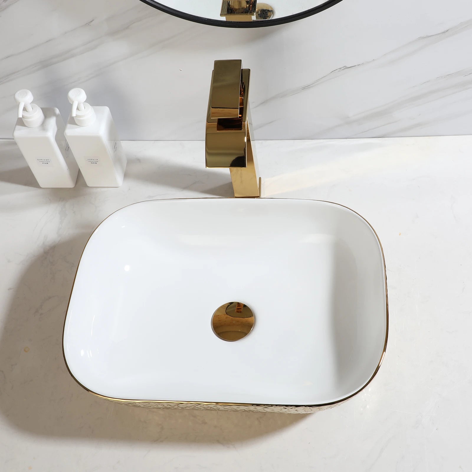 Gold&White Ceramic Vessel Sink Above Counter with Faucet and Drain Combo