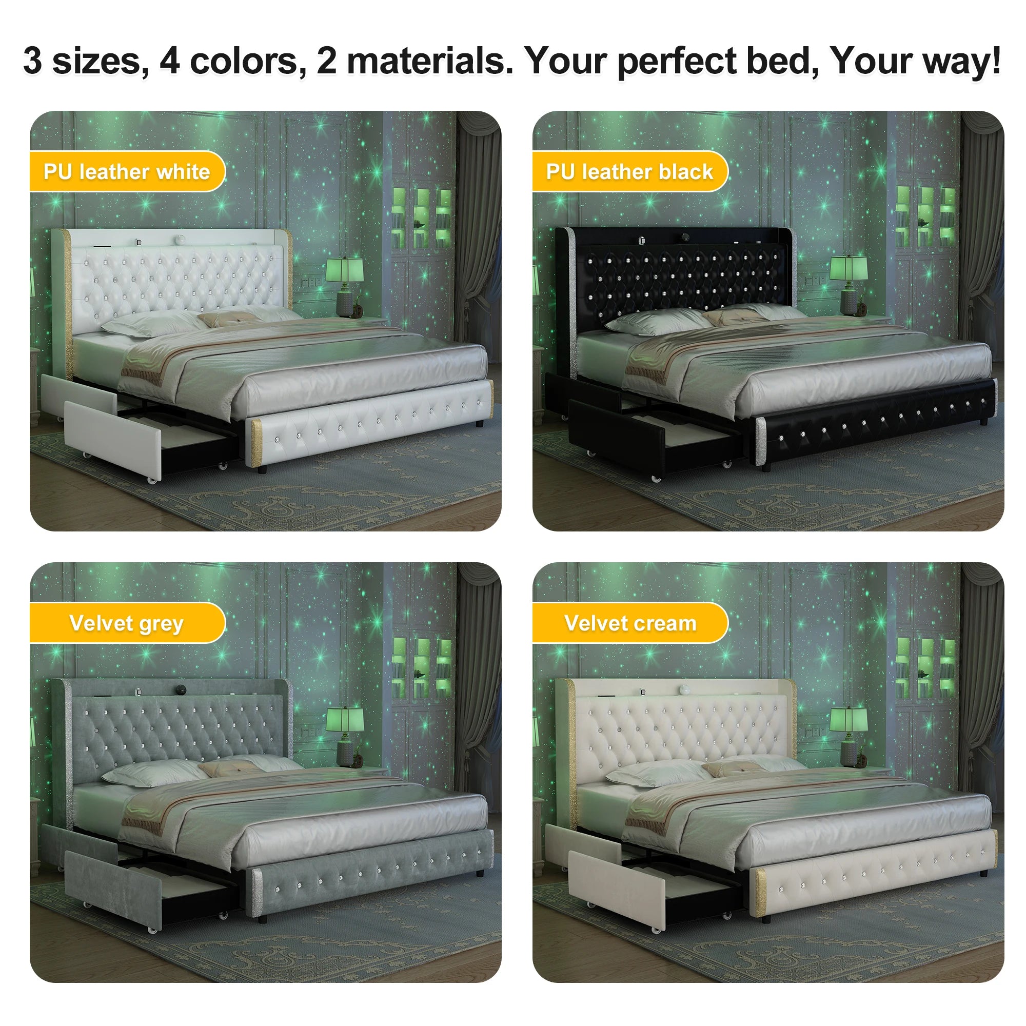 Queen LED Bed Frame with Galaxy Projector, Bluetooth Speaker, USB Ports, 4 Drawers
