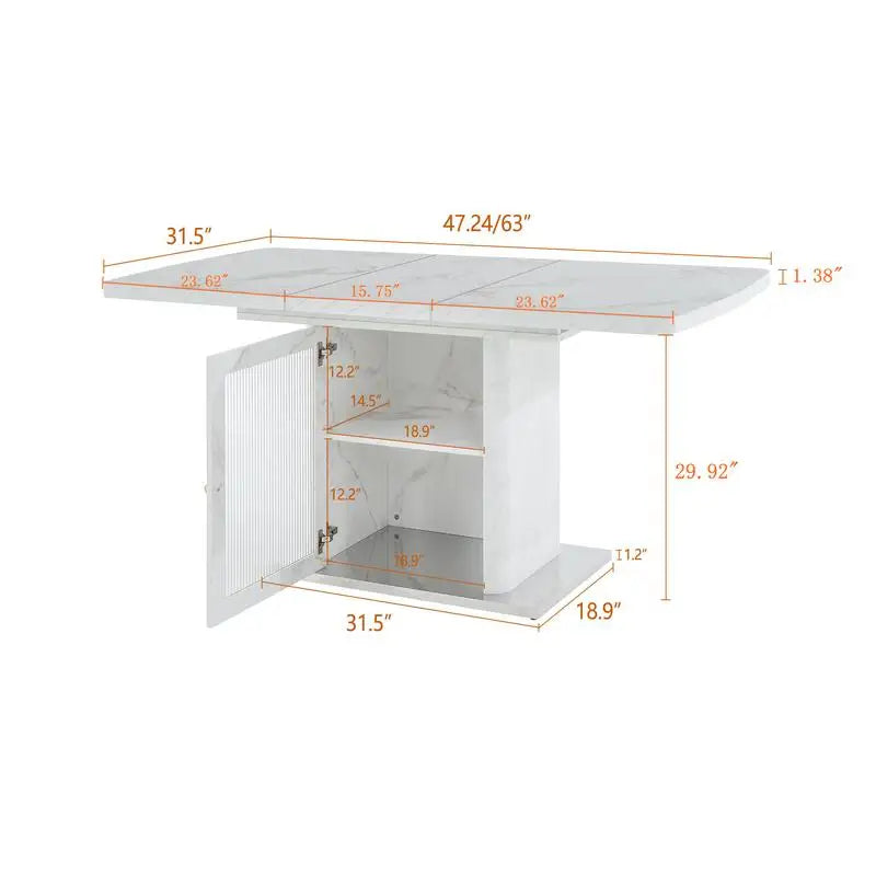 Expandable Square Dining Table with Printed White Marble Top and Storage Cabinet
