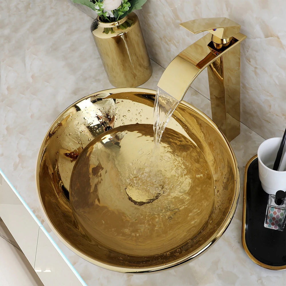 Gold Bathroom Ceramic Sink Bowl With Faucet