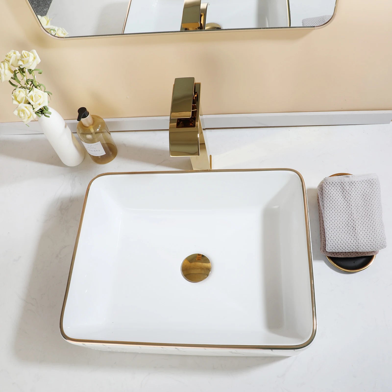 White Marbled Rectangular Ceramic Bathroom Vessel Sink with Gold Faucet