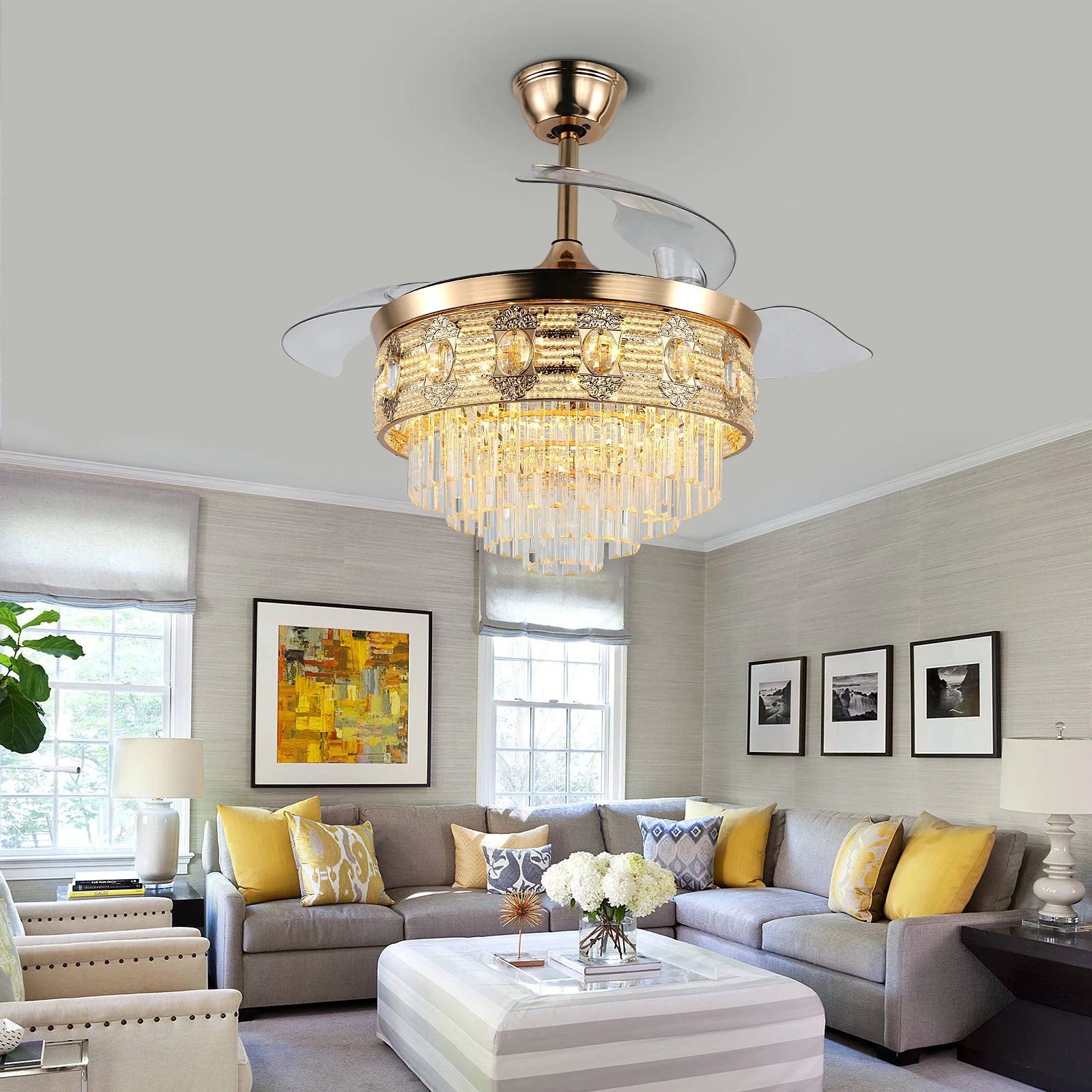 Modern Smart Ceiling Fan Chandelier Gold RC Adjustable 6 Speed