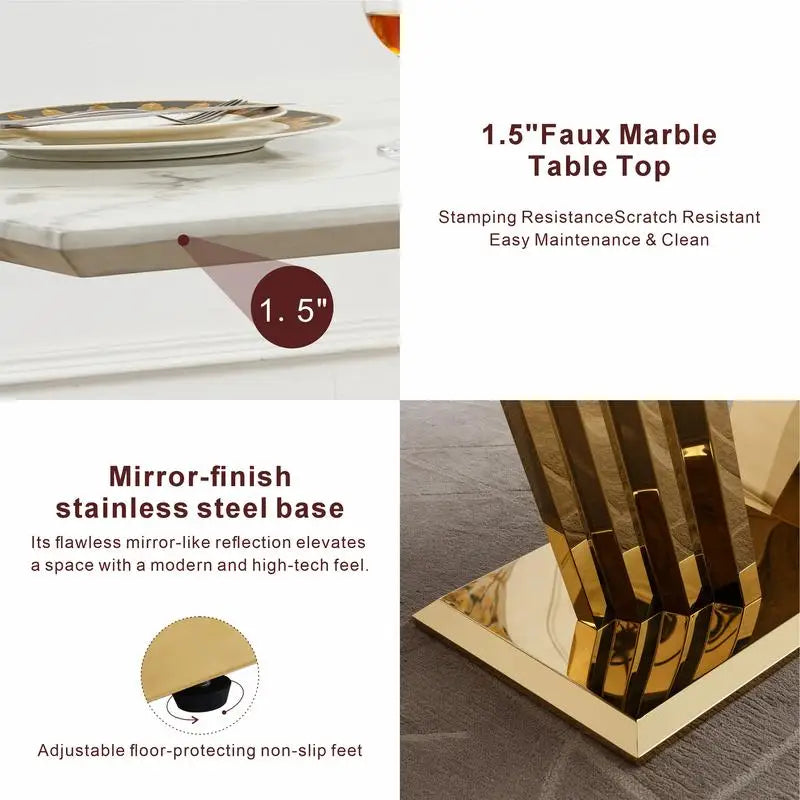 Rectangle Faux Marble Dining Table for 6 with Mirrored Stainless Steel Base