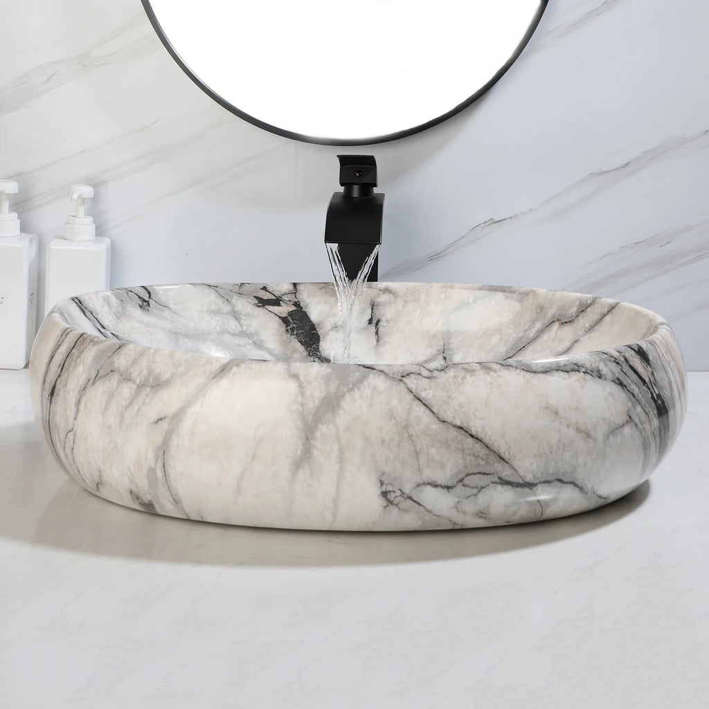 White Marbling Rectangle Bathroom Vessel Sink with Waterfall Faucet