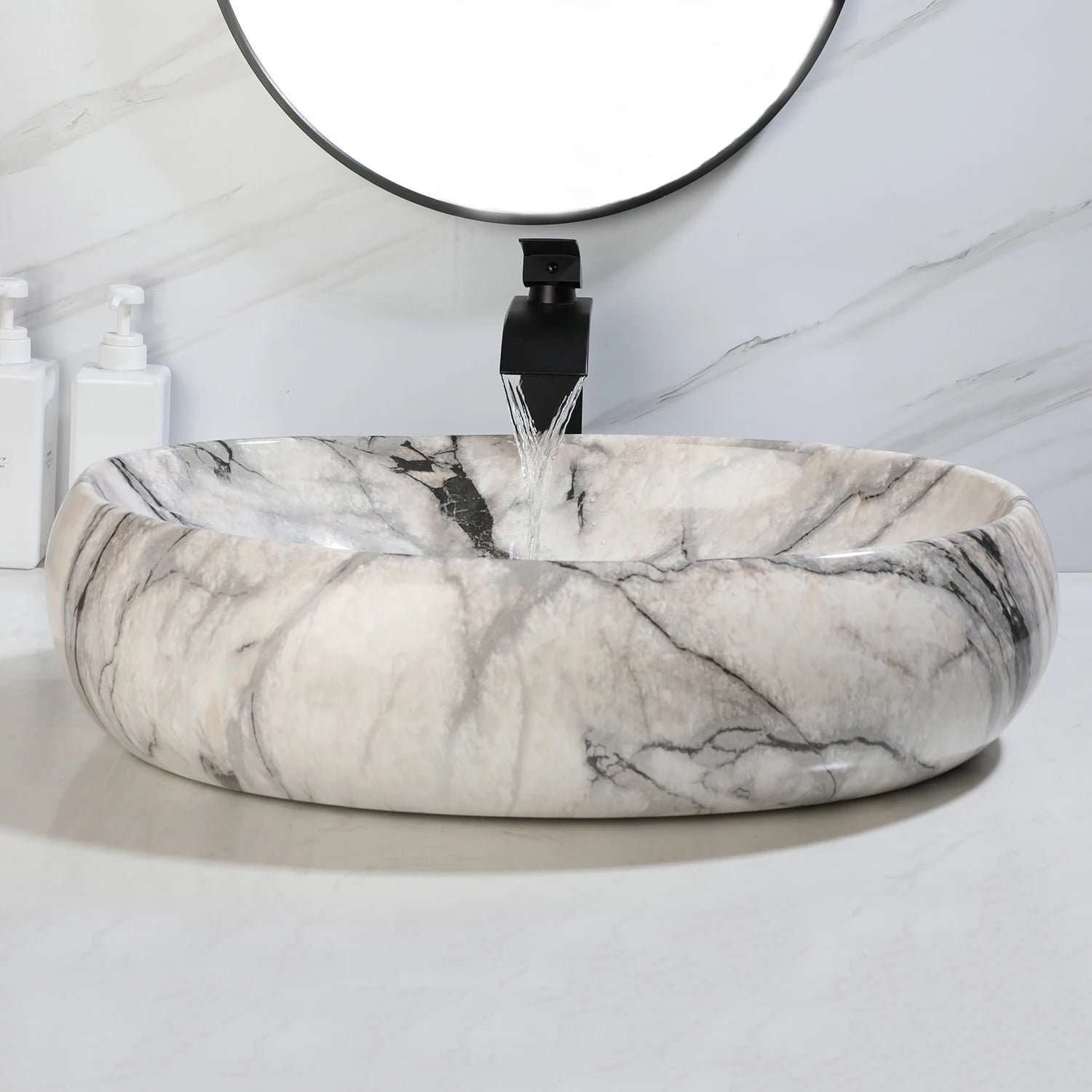 White Marbling Rectangle Bathroom Vessel Sink with Waterfall Faucet