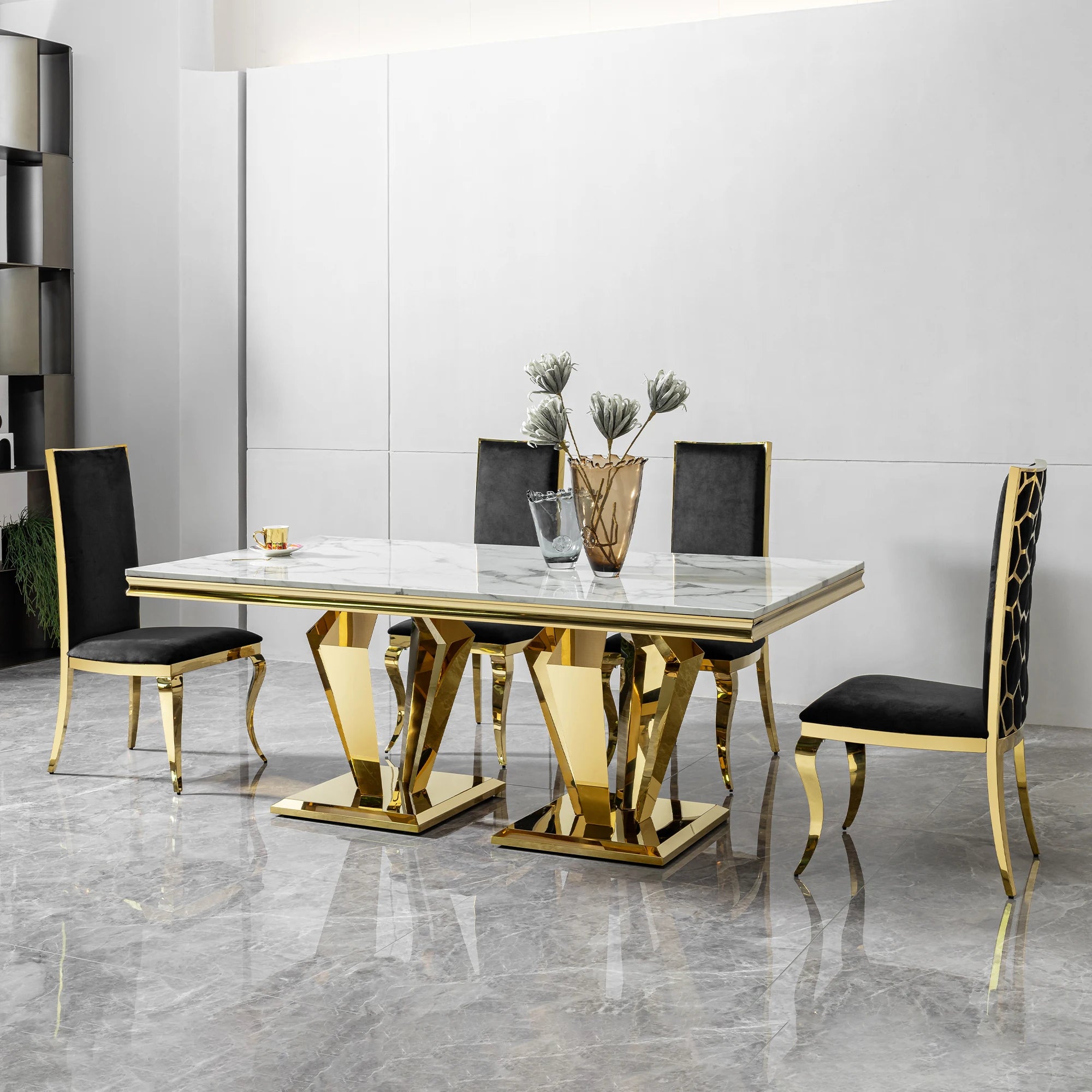 Rectangular MDF marble dining table with gold stainless steel base