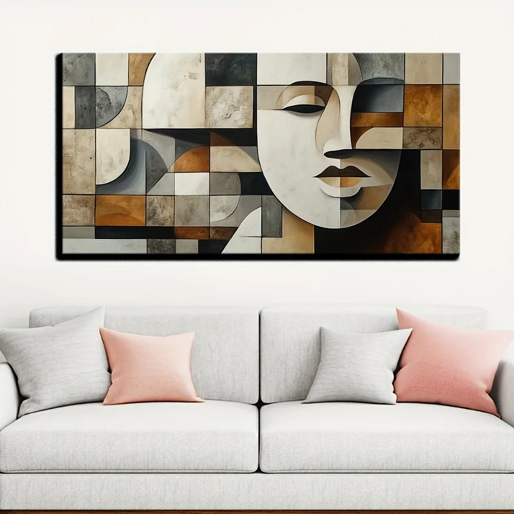 Hand-painted oil paintings in abstract geometric shapes w/1.5 inch thick pine solid wood frame