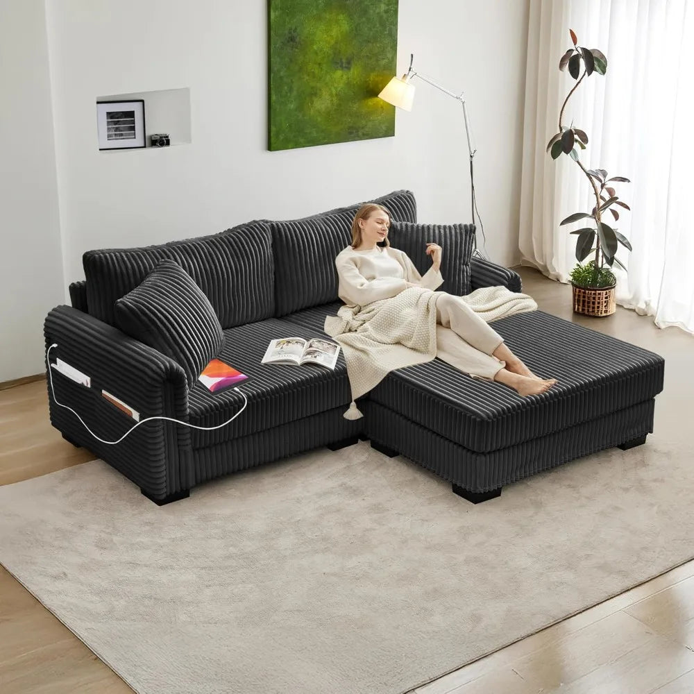 L-Shaped Couch with Convertible Chaise w/USB Charging Port, Side Pocket