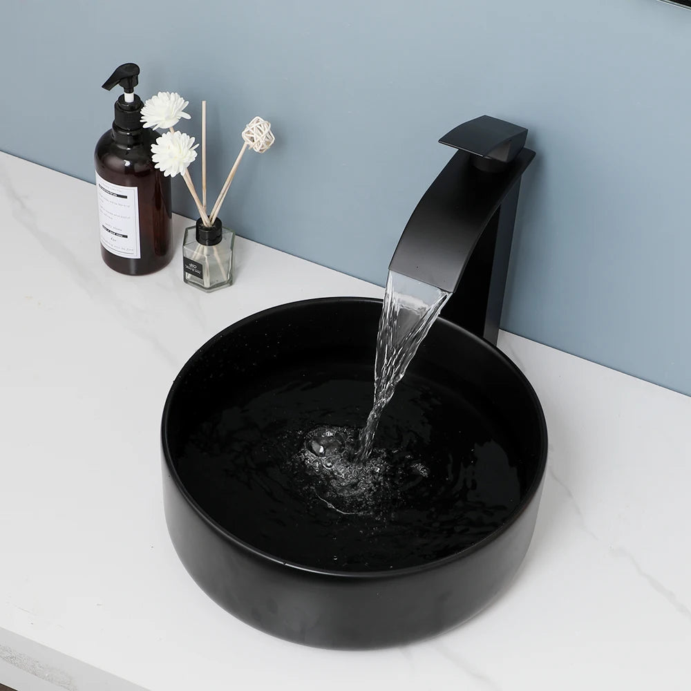Matte Black Bathroom Ceramic Washing Bowl Sink w/Faucet Mixer Tap Set