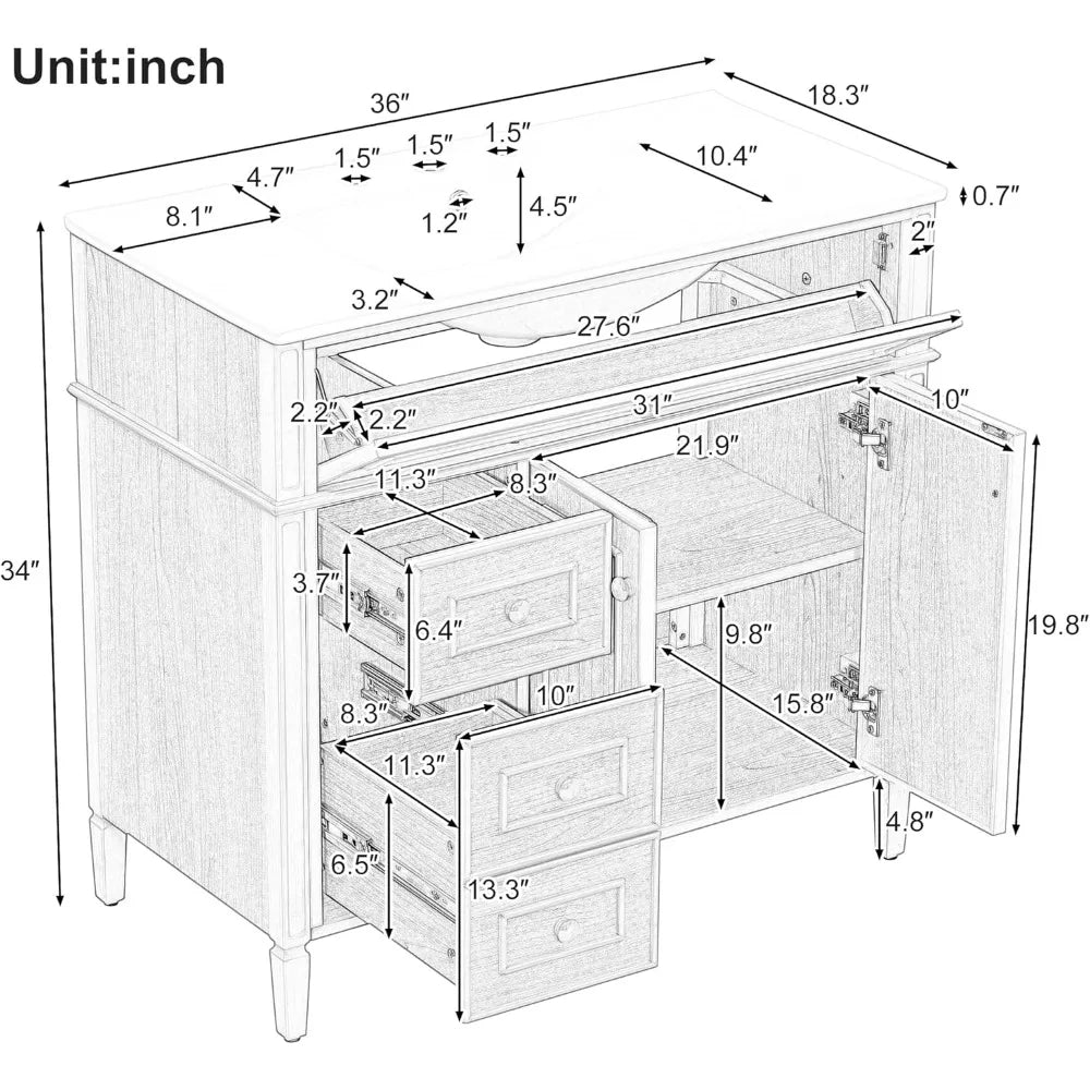 Bathroom Vanity with Sink 36" w/Soft-Close Door