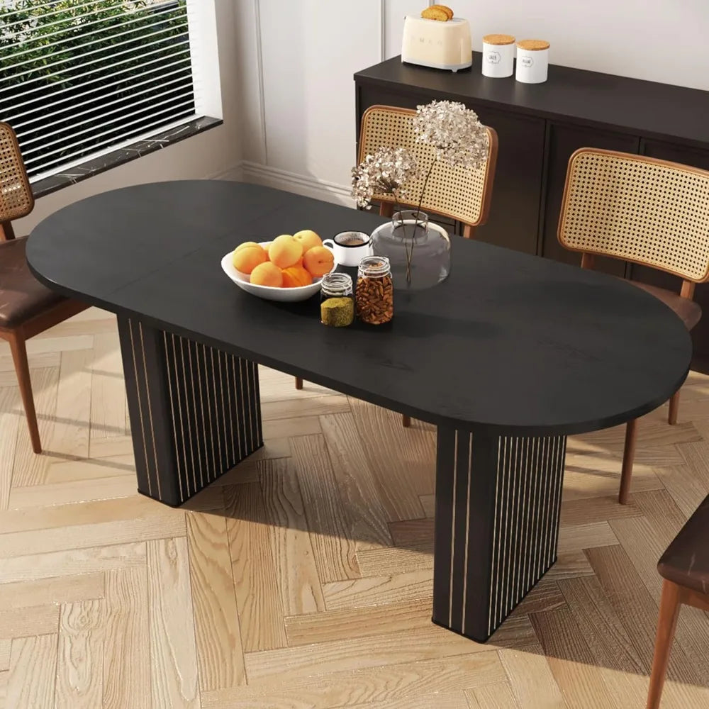 Oval Kitchen Dining Table for 4-6 People with Wood Strip Base