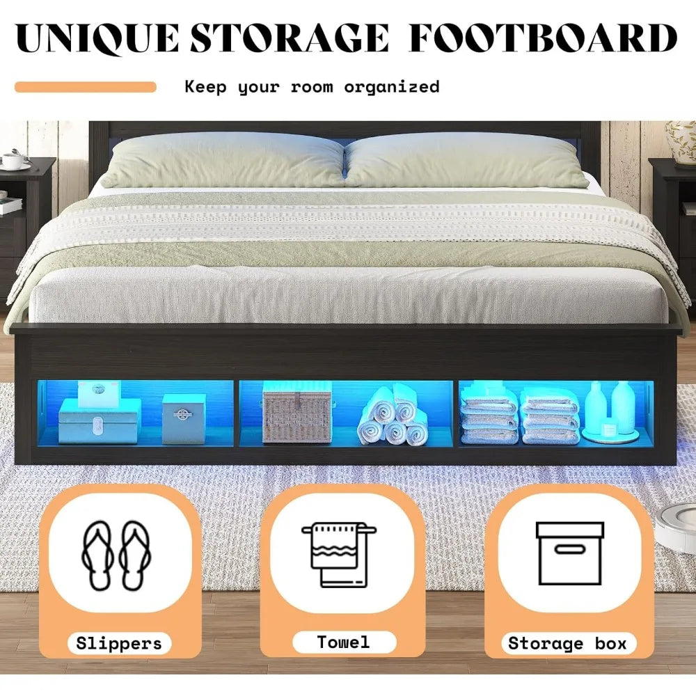 Queen Size Bed with Bookcase Storage Headboard and Footboard