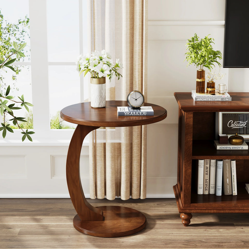 Round End Table, Wood C-Shaped Side Table