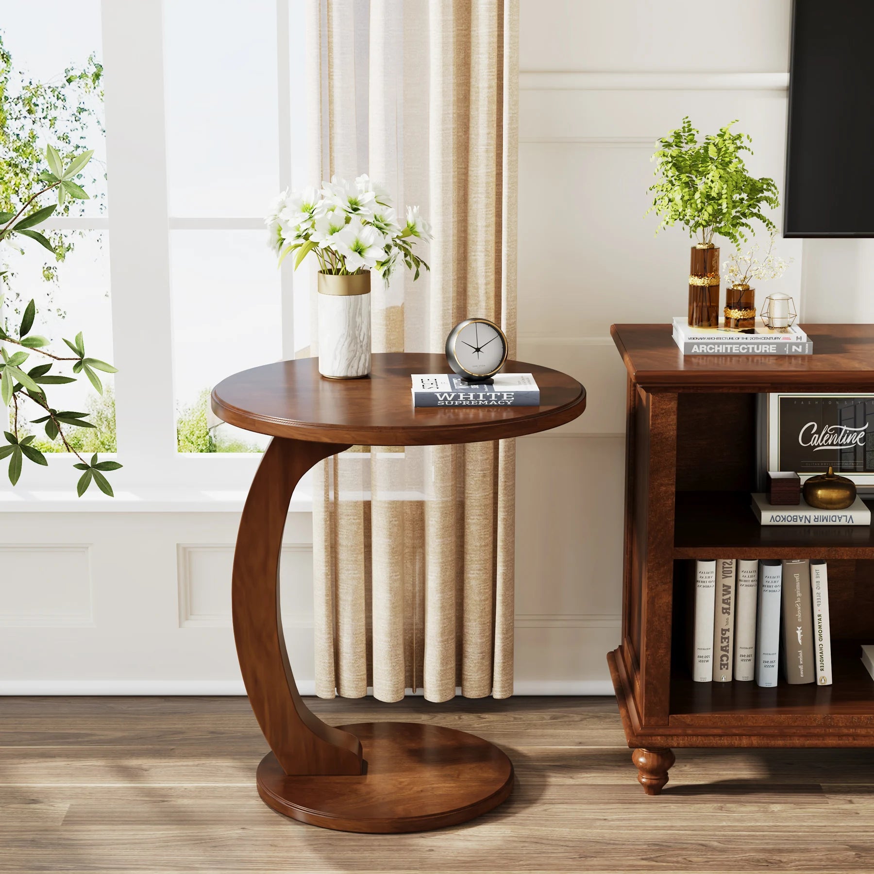 Round End Table, Wood C-Shaped Side Table