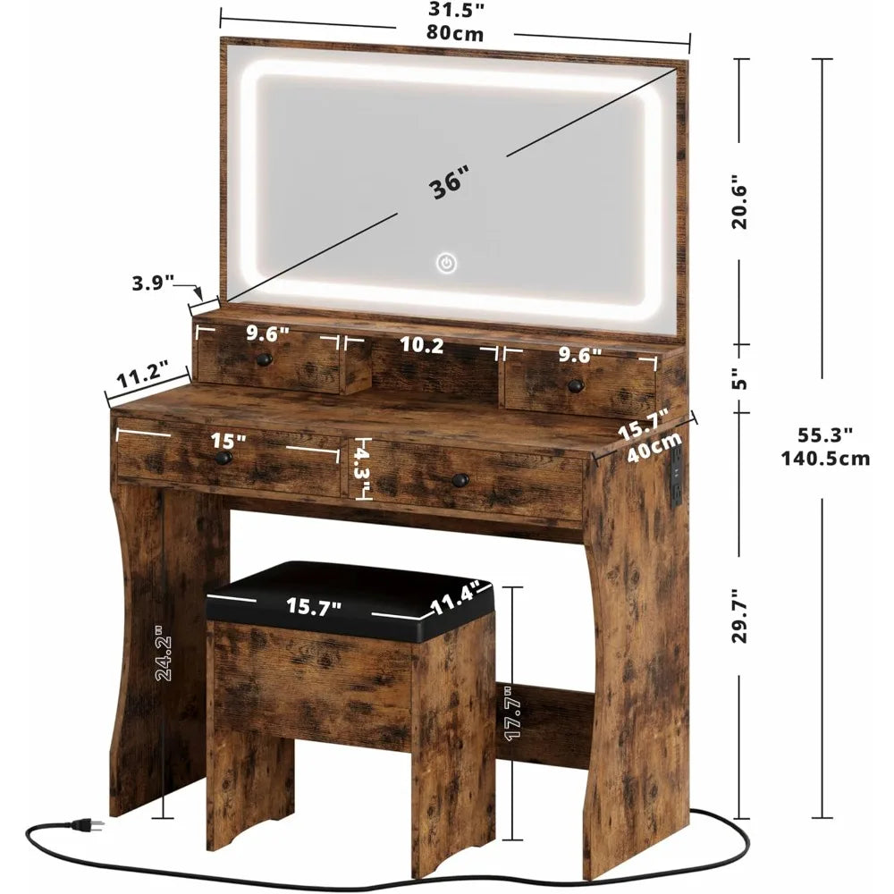 LED Lighted Mirror Makeup Vanity Table with 4 Drawers and Storage Bench