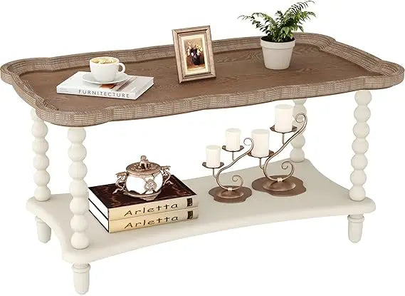 Rustic White French-Style Farmhouse Coffee Table with Storage Shelf for Living Room