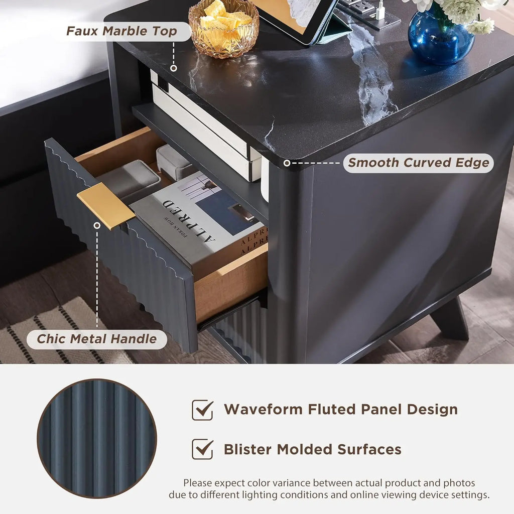 Fluted Nightstand with Charging Station