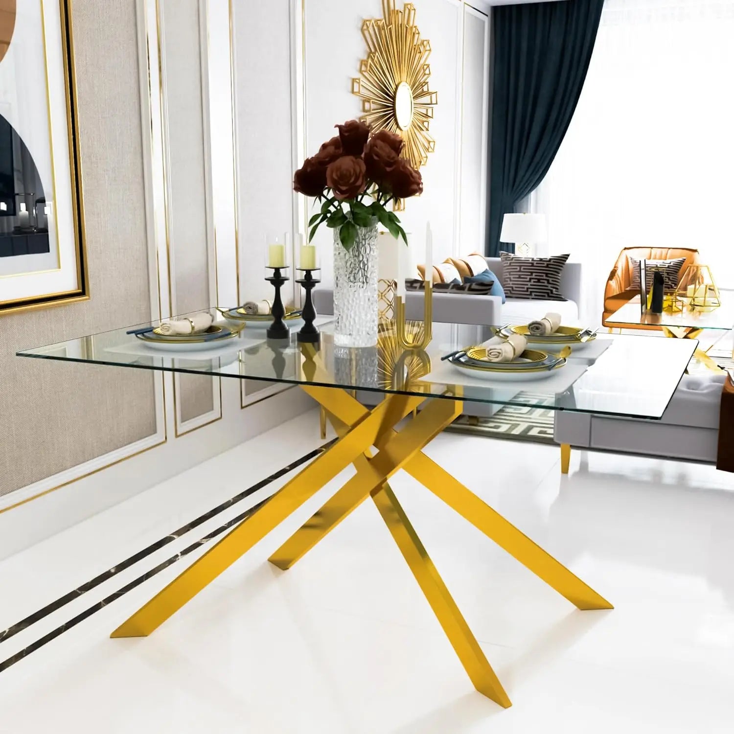 Rectangular Tempered Glass Dining Table with Metal Legs