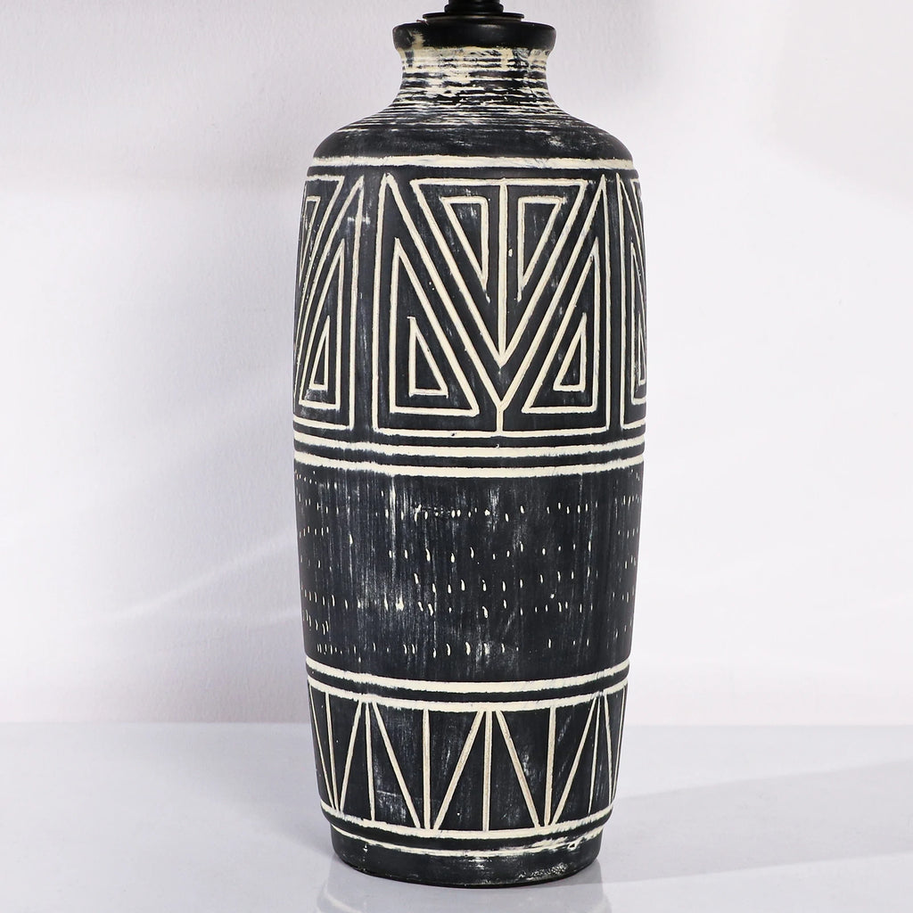 Carved Geometric Ceramic Table Lamp With Linen Shade with Rustic Accent
