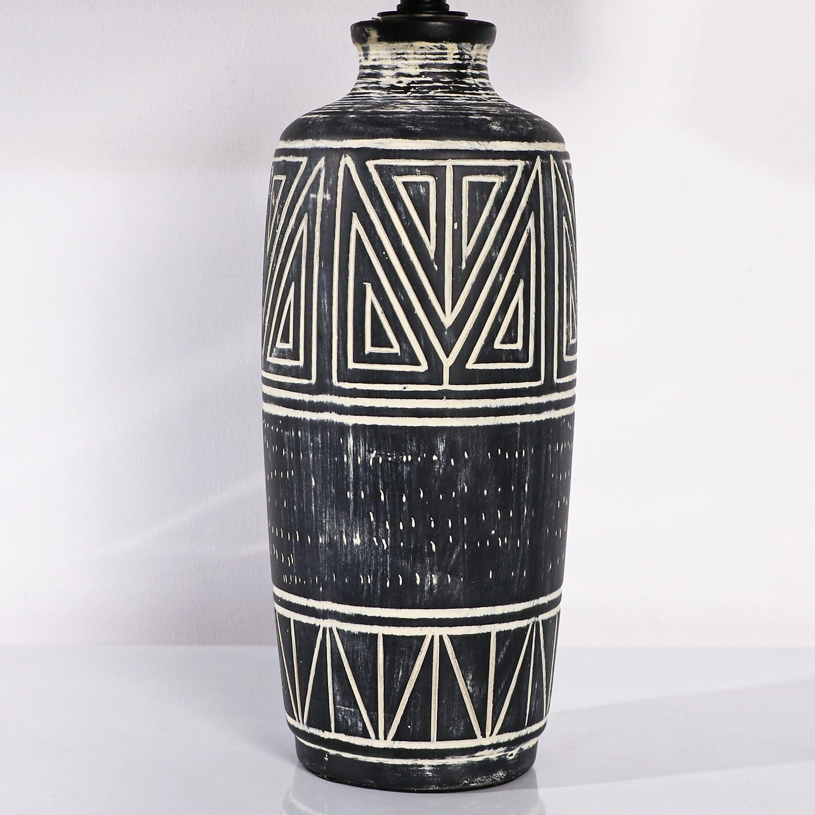 Carved Geometric Ceramic Table Lamp With Linen Shade with Rustic Accent