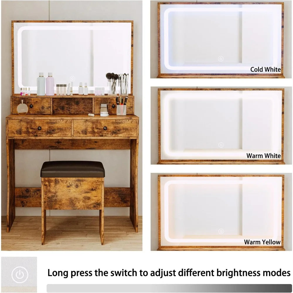 LED Lighted Mirror Makeup Vanity Table with 4 Drawers and Storage Bench