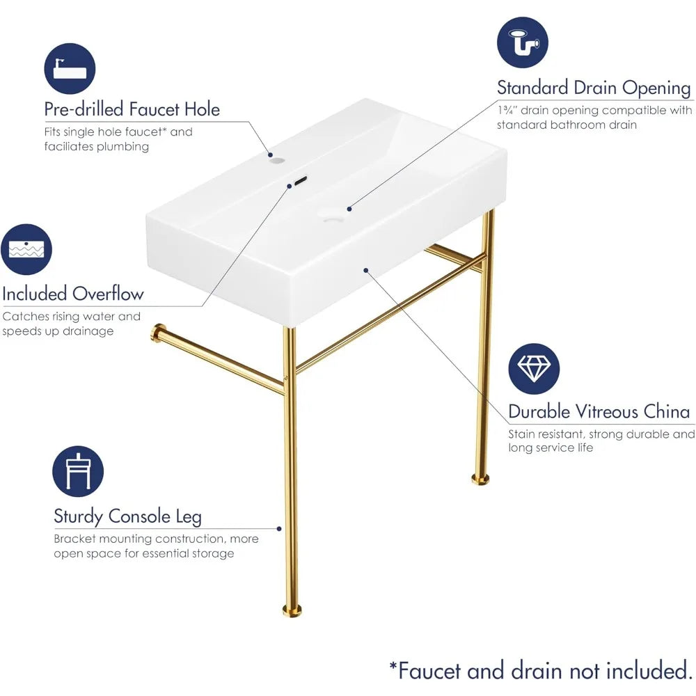 Console Bathroom Sink, Free Standing 30"x16" w/Stainless Steel Support Pedestal Legs