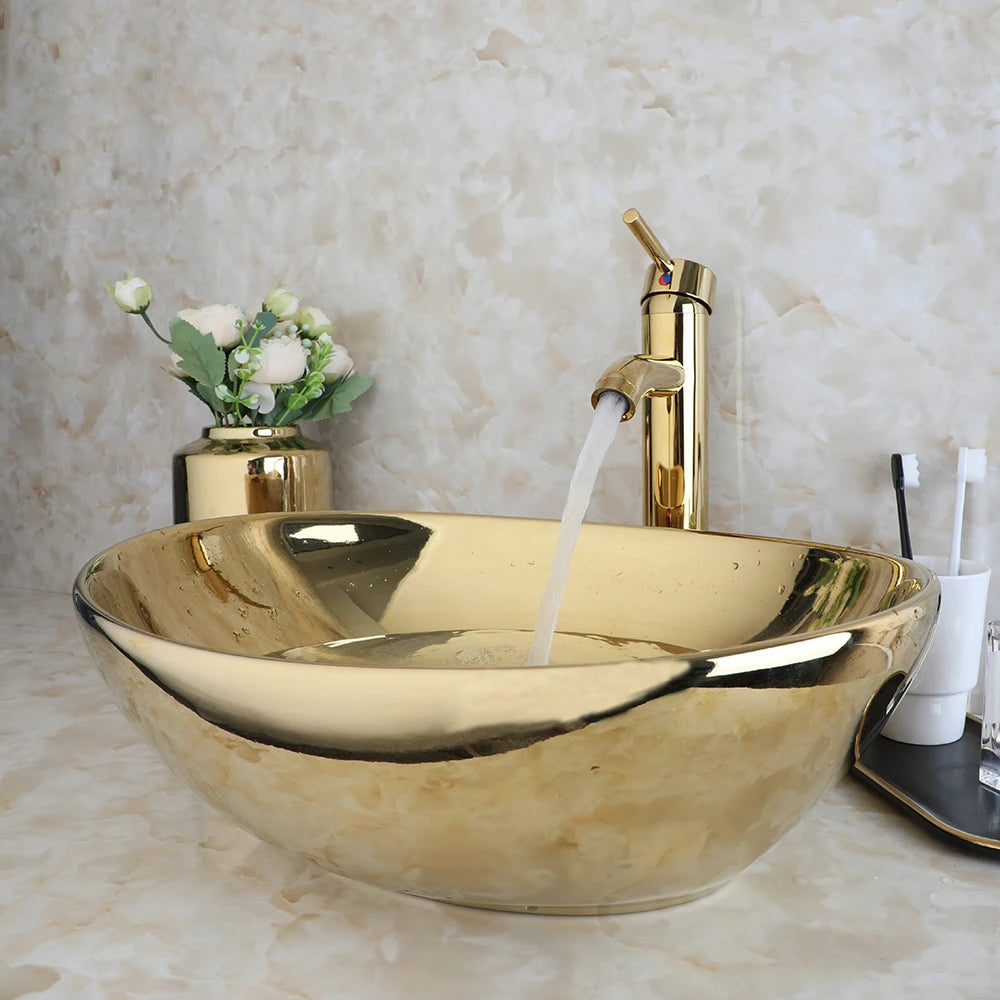 Gold Bathroom Ceramic Sink Bowl With Faucet