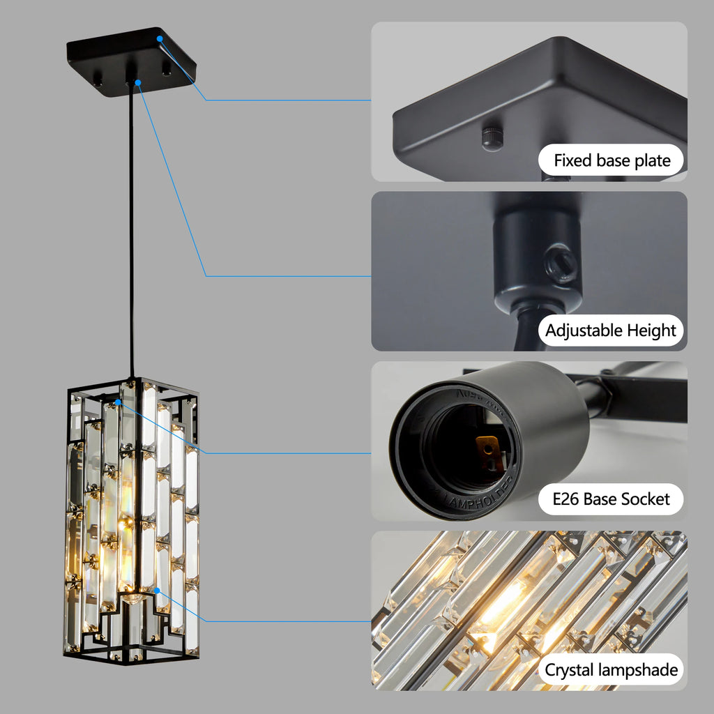Adjustable Hanging Ceiling Lamp with Crystal Prism Design -Black Finish