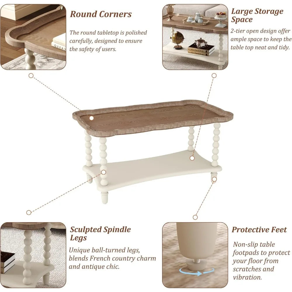 Rustic White French-Style Farmhouse Coffee Table with Storage Shelf for Living Room
