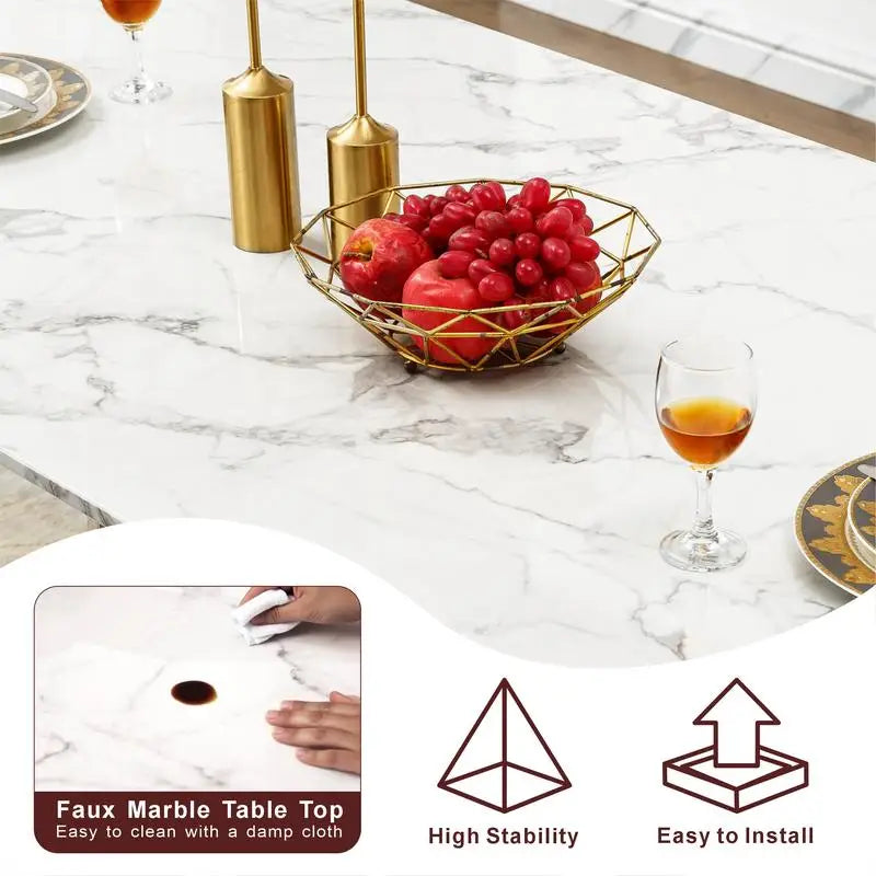 Rectangle Faux Marble Dining Table for 6 with Mirrored Stainless Steel Base