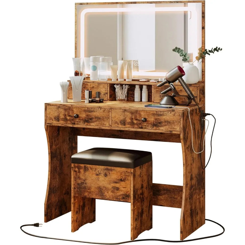 LED Lighted Mirror Makeup Vanity Table with 4 Drawers and Storage Bench