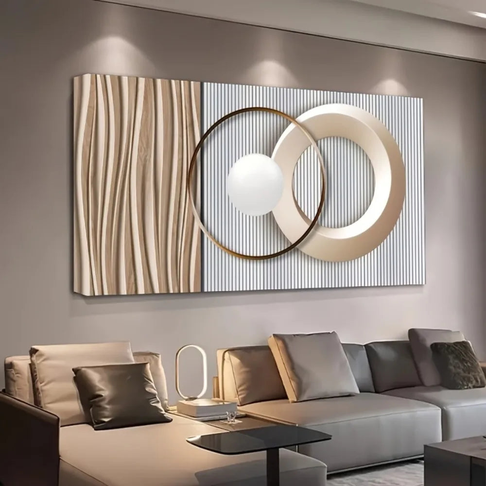 Modern abstract flow gold round mural w/1.5 "thick pine solid wood frame