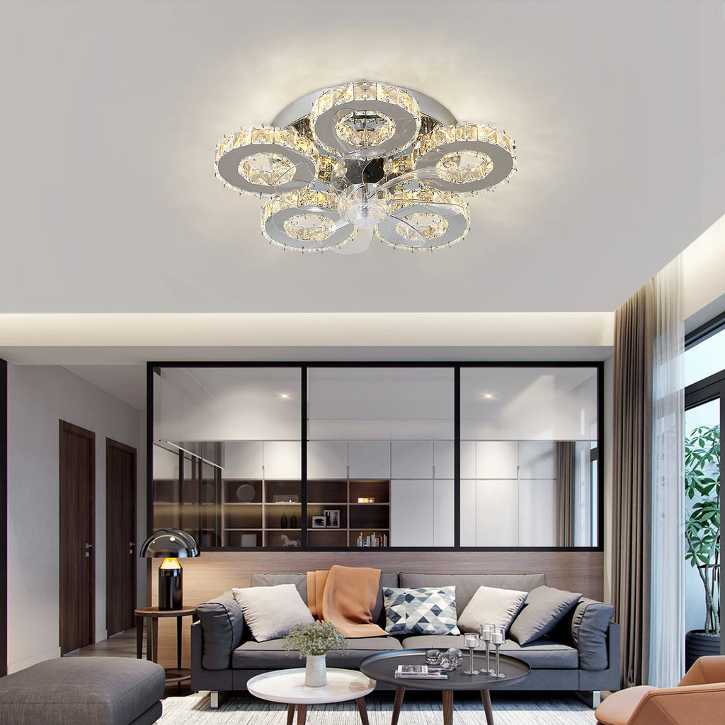 Modern Luxury Crystal ChandelierCeiling Fan Light Led Fan Lamp Smart APP RC