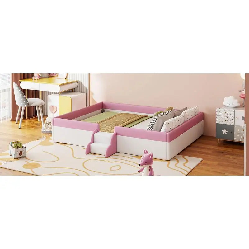 King Size Upholstered Daybed Frame with Fence & Stairs