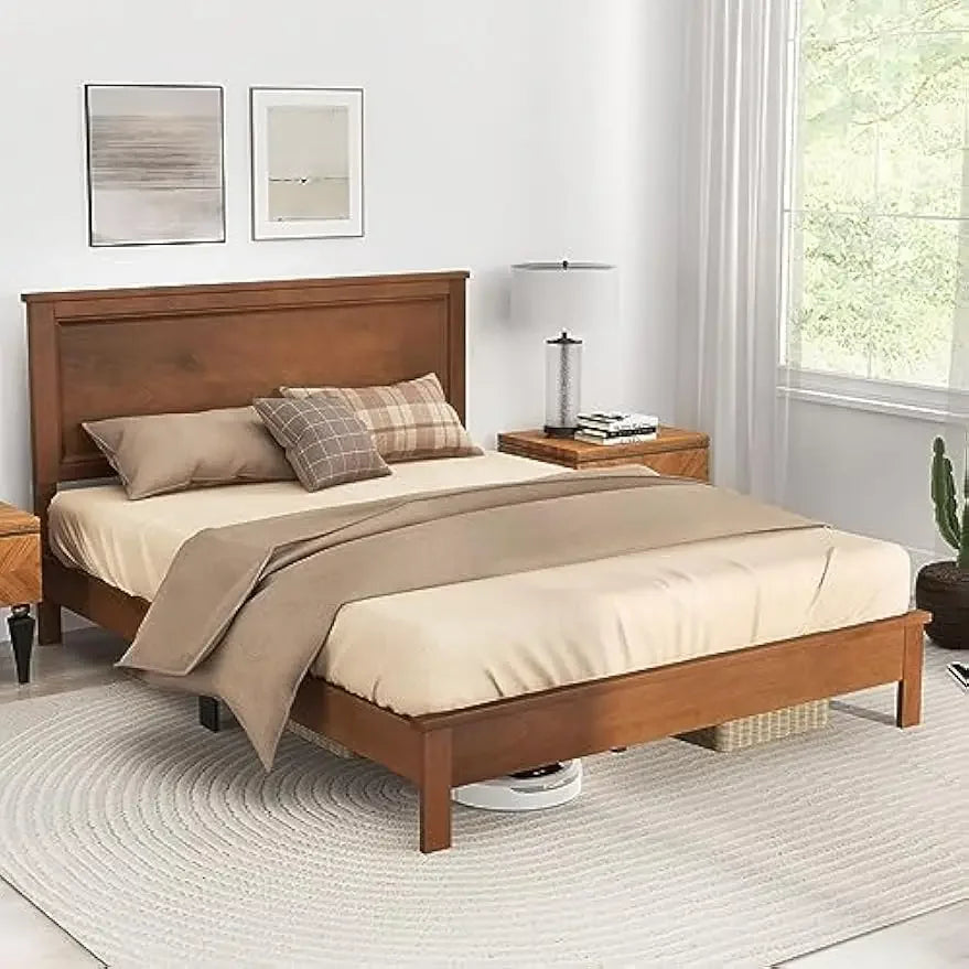 Wood Queen Platform Bed Frame with Headboard Walnut