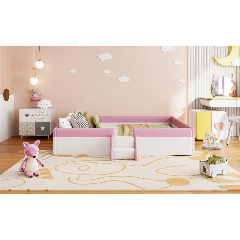 King Size Upholstered Daybed Frame with Fence & Stairs