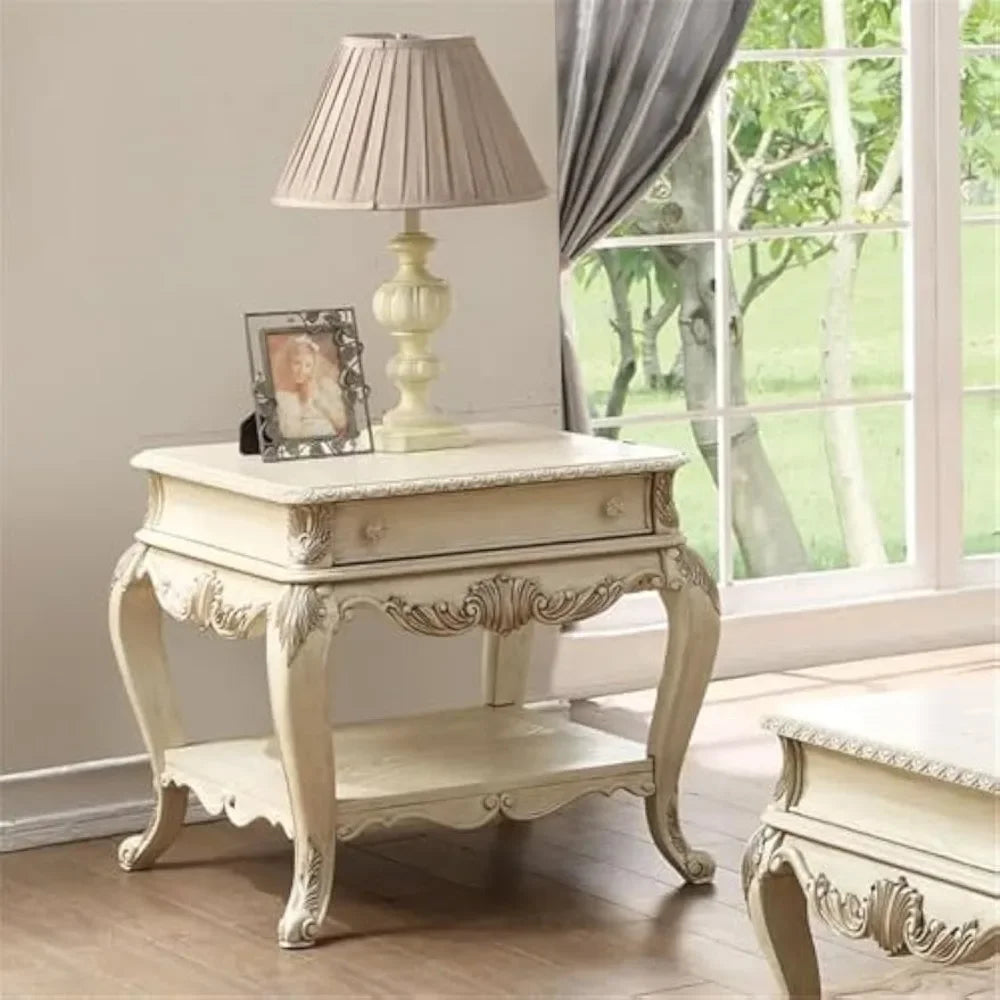 Ragenardus 1 Drawer Wooden End Table with Bottom Shelf in Antique White